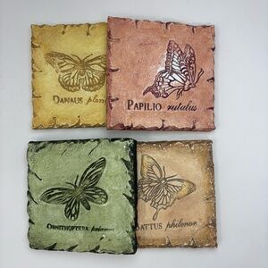Vtg Rustic Stone Ceramic Embossed Butterfly Coaster Set 4x4 Handmade Philippines